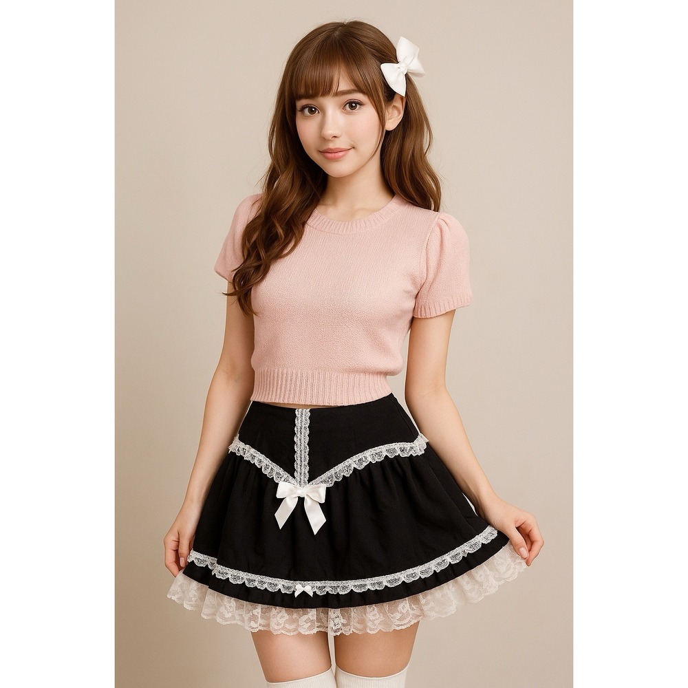 Window Mini Skirt Womens L Black Lace Ruffle‎ Bow Sukapan Himekaji Gyaru Kawaii